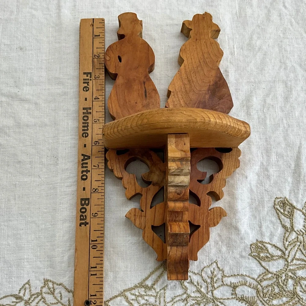 Vintage Hand Carved Amish Wood Wall Shelf Folk Art Scrollwork Grannycore Cottage